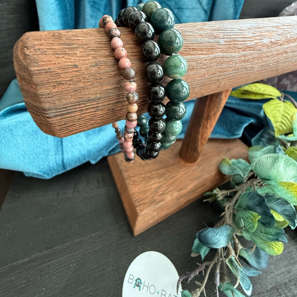 Trio of Natural Stone Bracelets – Rhodonite, Moss Agate & Obsidian